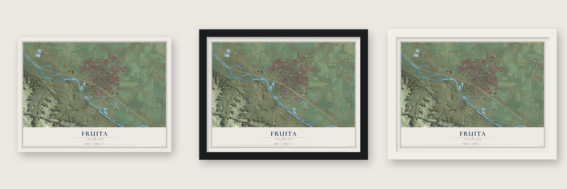 Fruita, Colorado map unframed, in a black wood frame and in a white wood frame