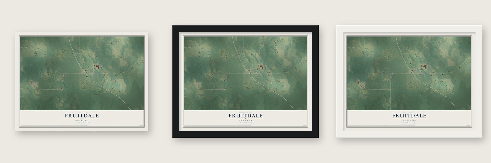 Fruitdale, Alabama map unframed, in a black wood frame and in a white wood frame