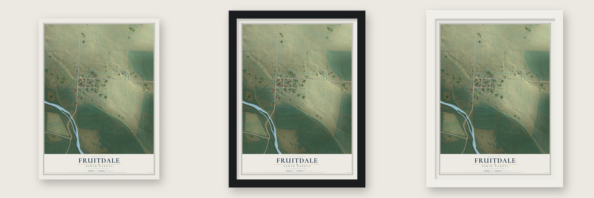 Fruitdale, South Dakota map unframed, in a black wood frame and in a white wood frame