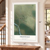 Fruitdale, South Dakota map, 24 x 36 inch print in a white frame by a staircase