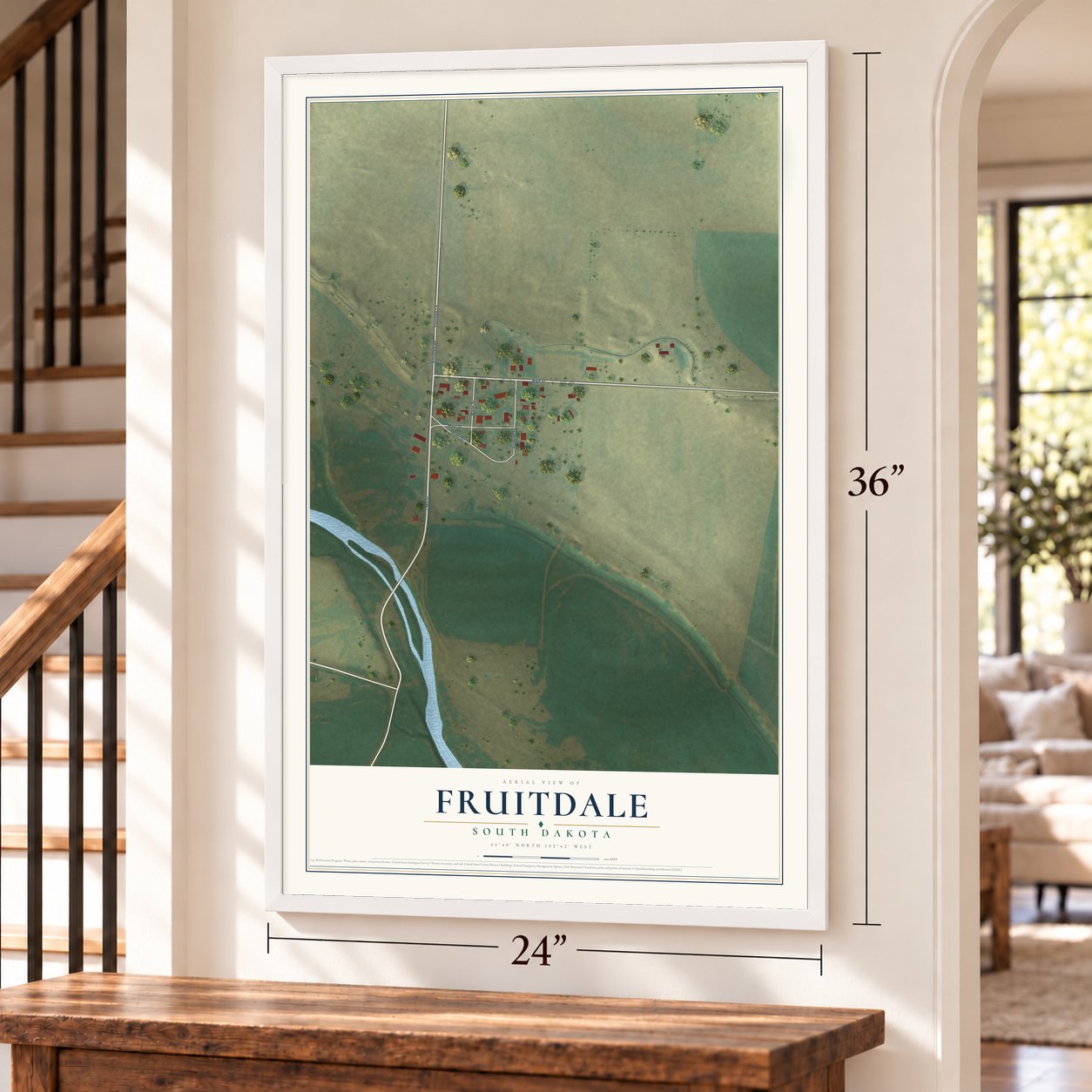 Fruitdale, South Dakota map, 24 x 36 inch print in a white frame by a staircase