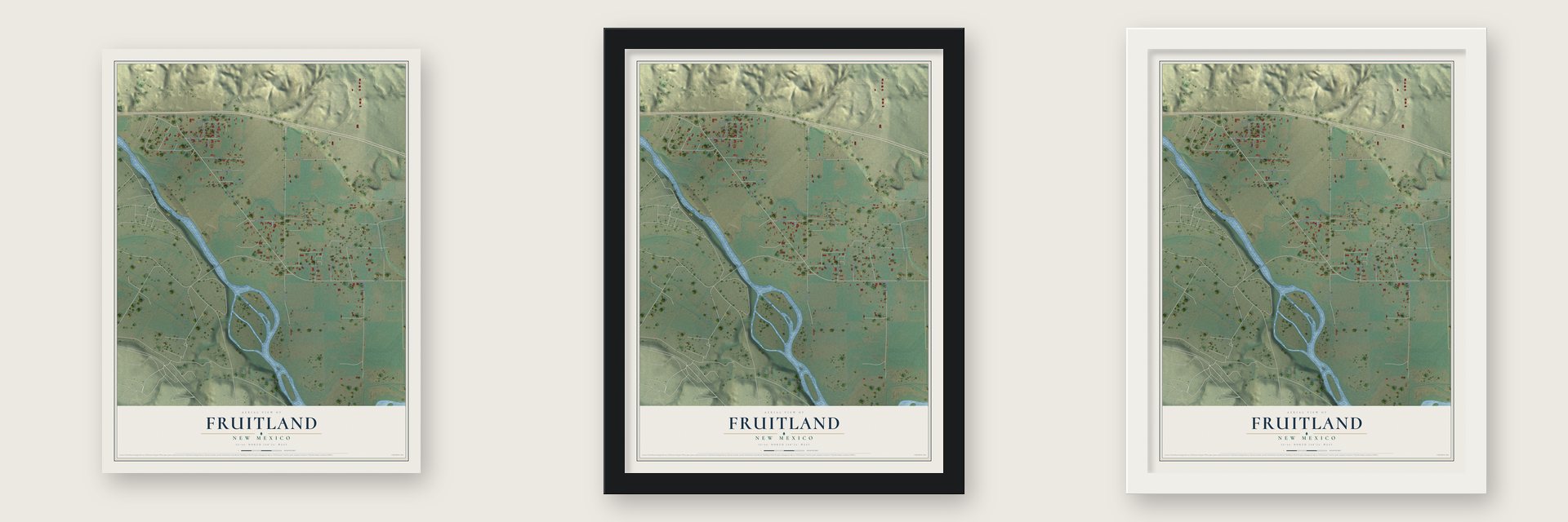 Fruitland, New Mexico map unframed, in a black wood frame and in a white wood frame