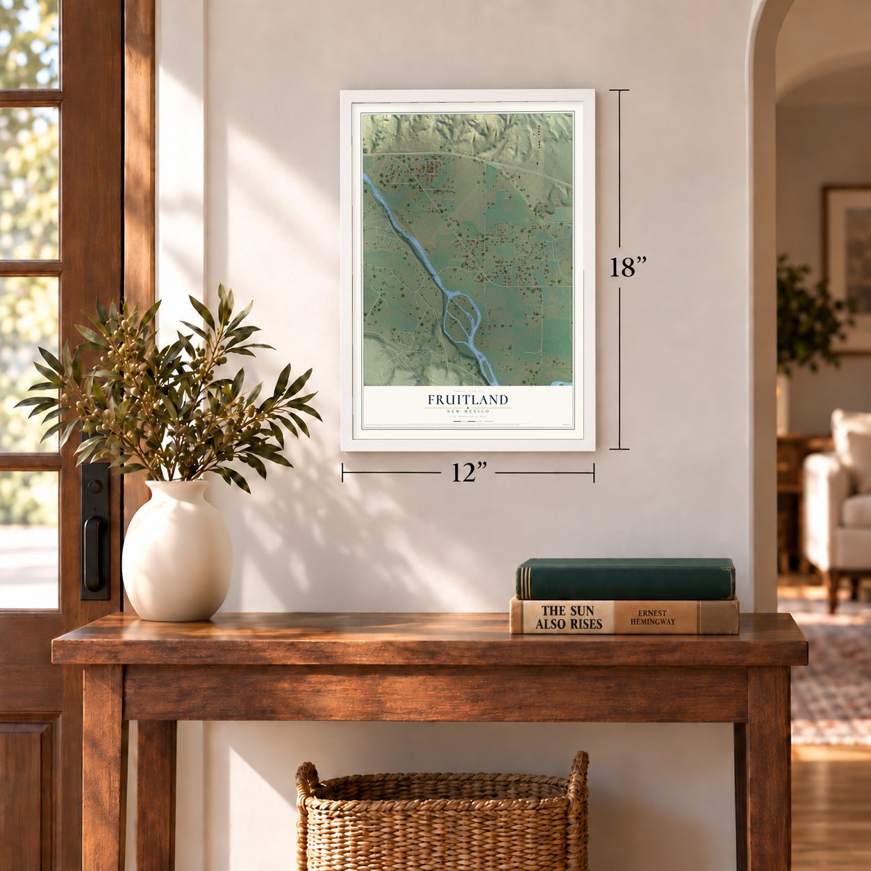 Fruitland, New Mexico map, 12 x 18 inch print in a white frame in an entryway