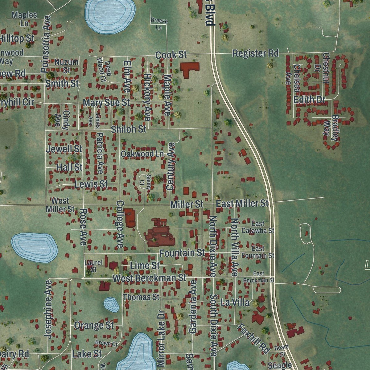 Second close-up of the map of Fruitland Park, Florida print showing more streets and buildings