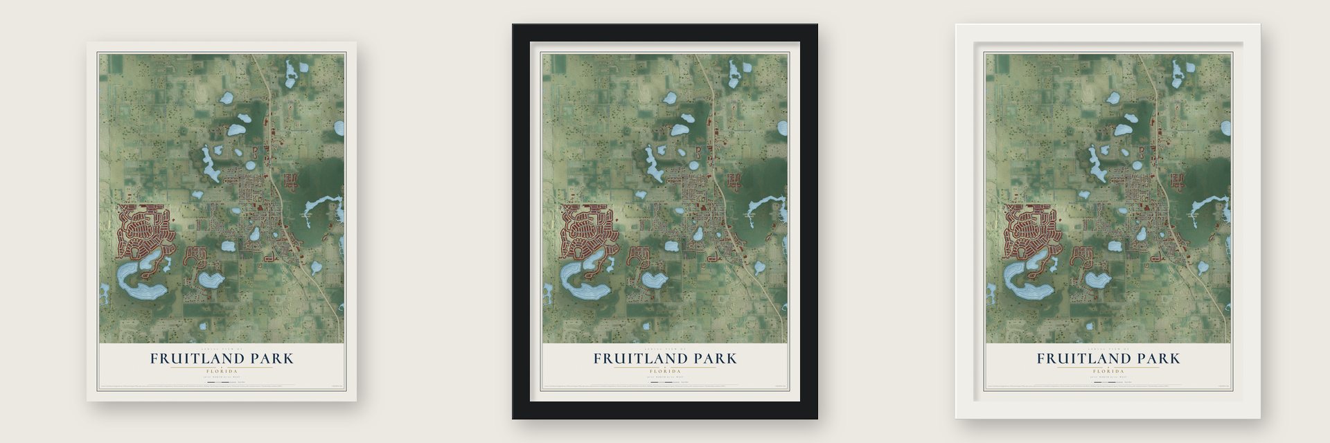 Fruitland Park, Florida map unframed, in a black wood frame and in a white wood frame