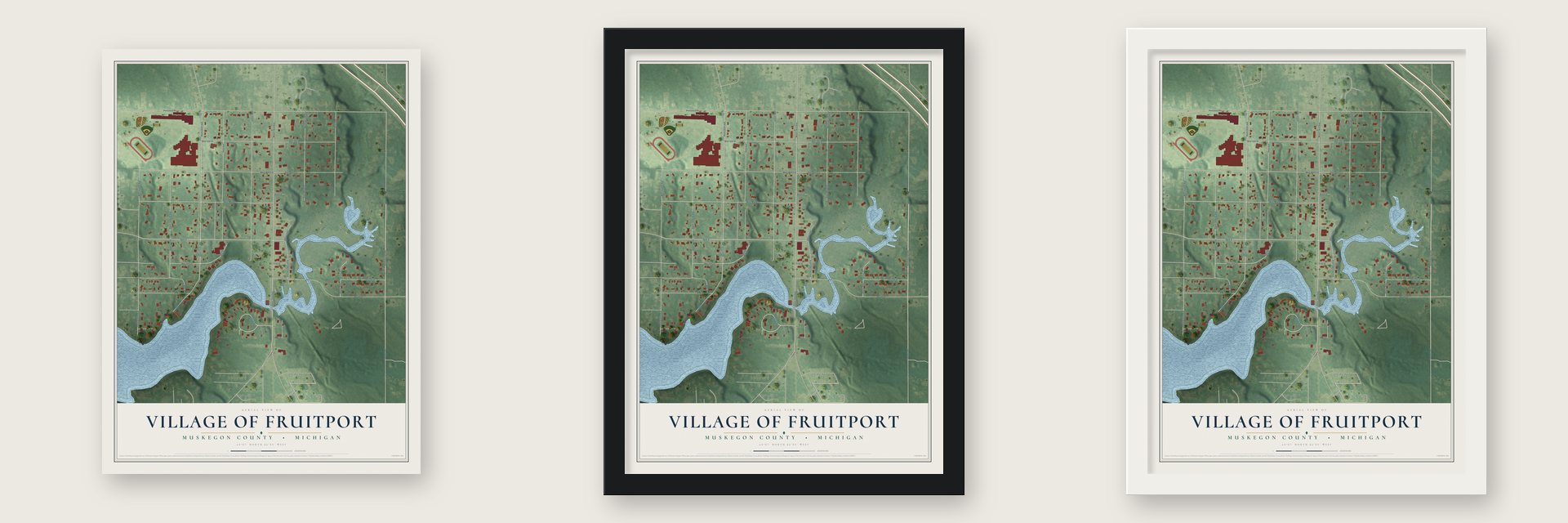 Fruitport, Michigan map unframed, in a black wood frame and in a white wood frame