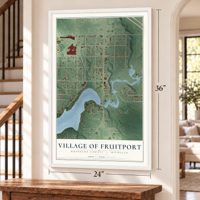 Fruitport, Michigan map, 24 x 36 inch print in a white frame by a staircase