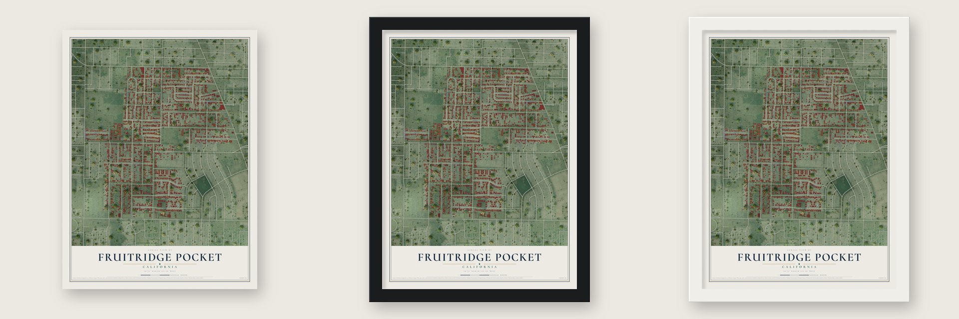 Fruitridge Pocket, California map unframed, in a black wood frame and in a white wood frame