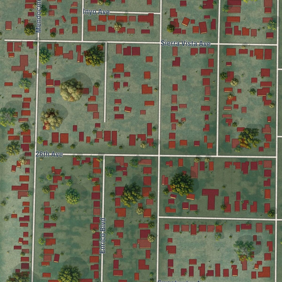 Second close-up of the map of Fruitridge Pocket, California print showing more streets and buildings