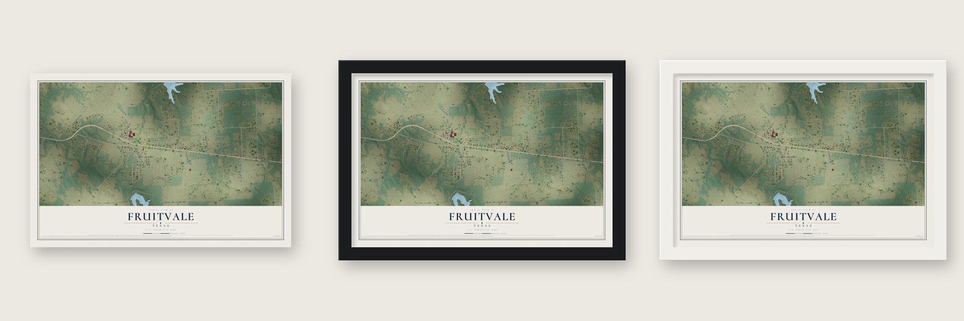 Fruitvale, Texas map unframed, in a black wood frame and in a white wood frame