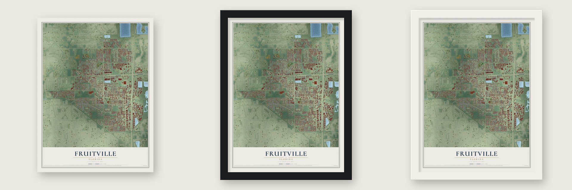 Fruitville, Florida map unframed, in a black wood frame and in a white wood frame