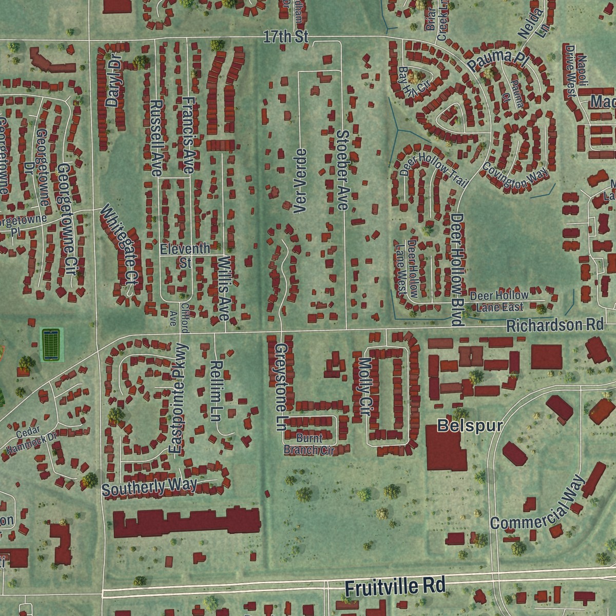 Second close-up of the map of Fruitville, Florida print showing more streets and buildings