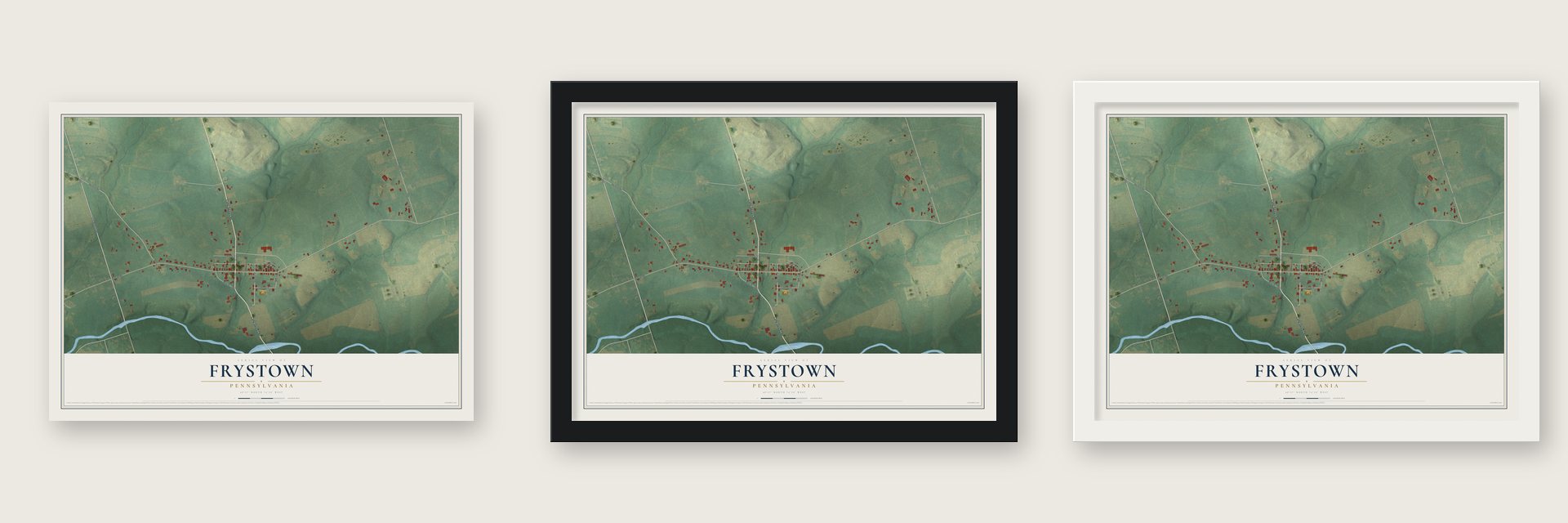 Frystown, Pennsylvania map unframed, in a black wood frame and in a white wood frame