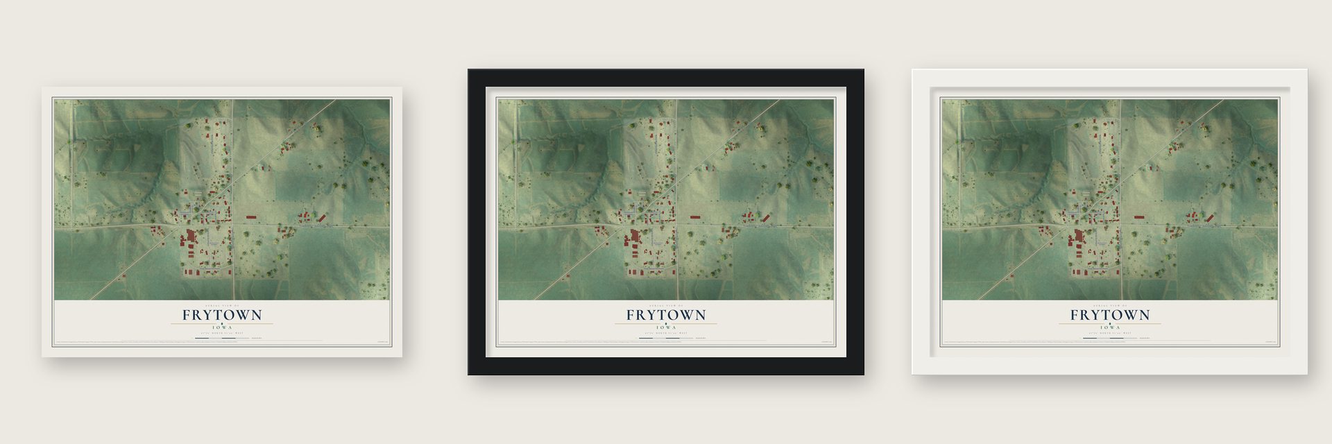 Frytown, Iowa map unframed, in a black wood frame and in a white wood frame