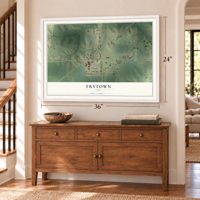Frytown, Iowa map, 24 x 36 inch print in a white frame above a dresser by a staircase