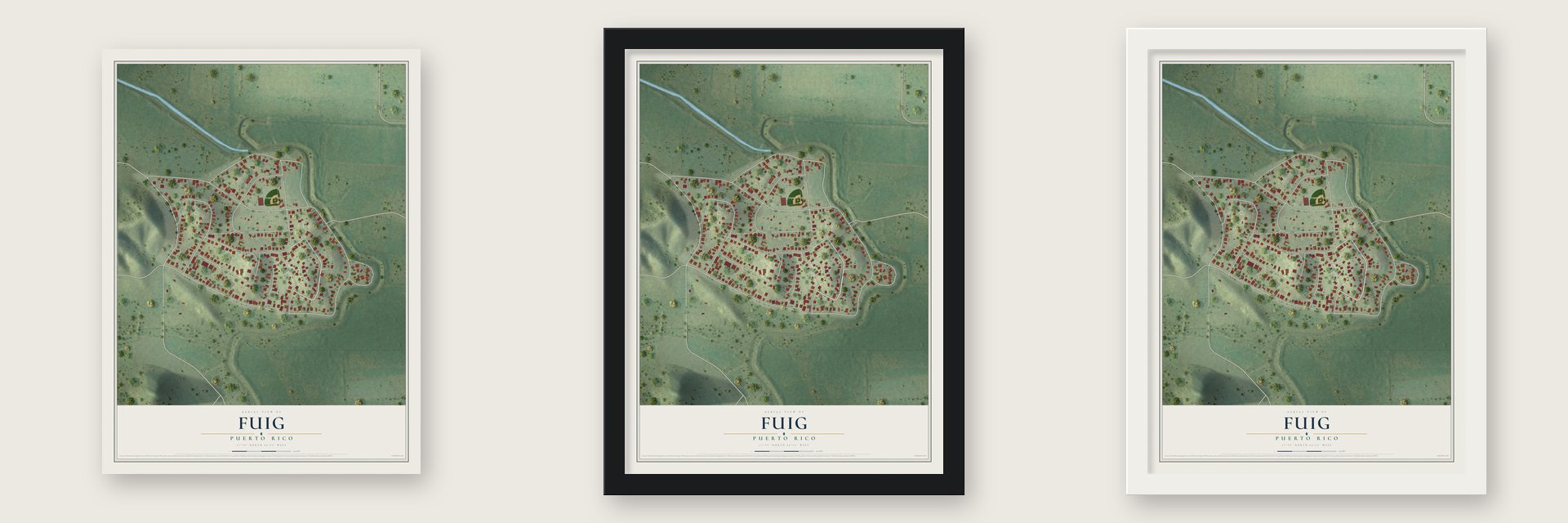 Fuig, Puerto Rico map unframed, in a black wood frame and in a white wood frame