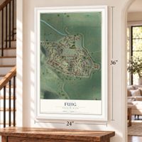 Fuig, Puerto Rico map, 24 x 36 inch print in a white frame by a staircase