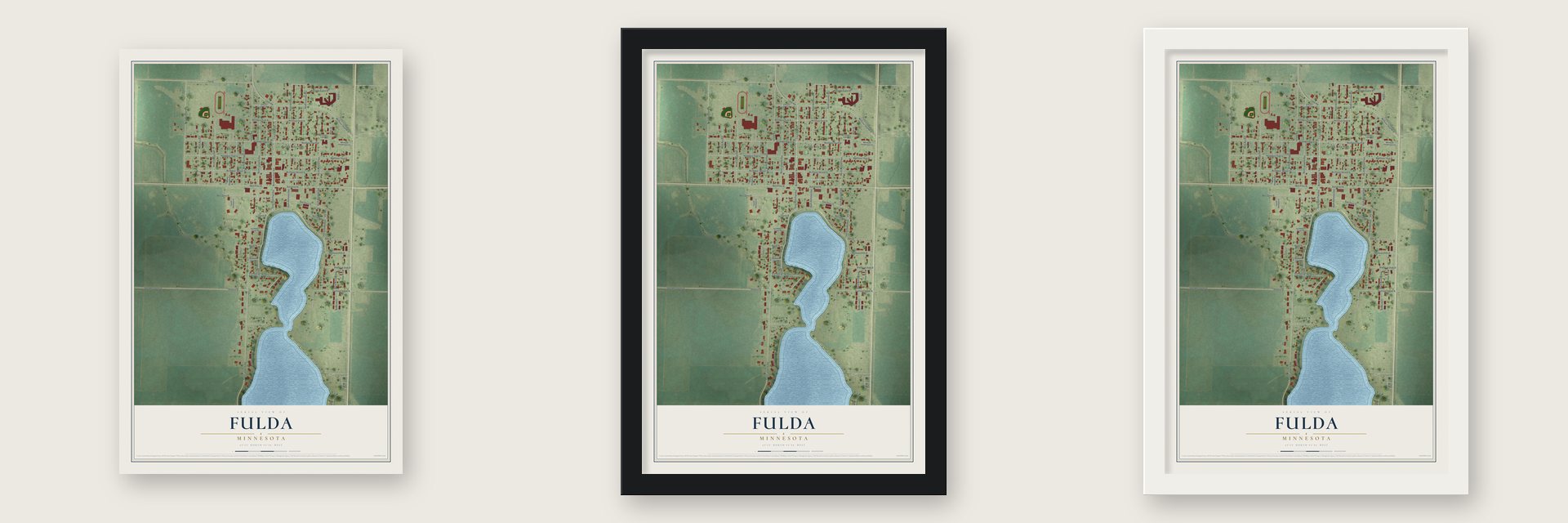 Fulda, Minnesota map unframed, in a black wood frame and in a white wood frame