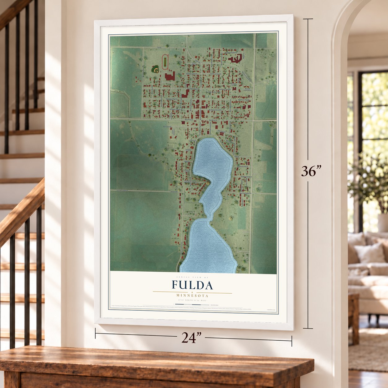 Fulda, Minnesota map, 24 x 36 inch print in a white frame by a staircase