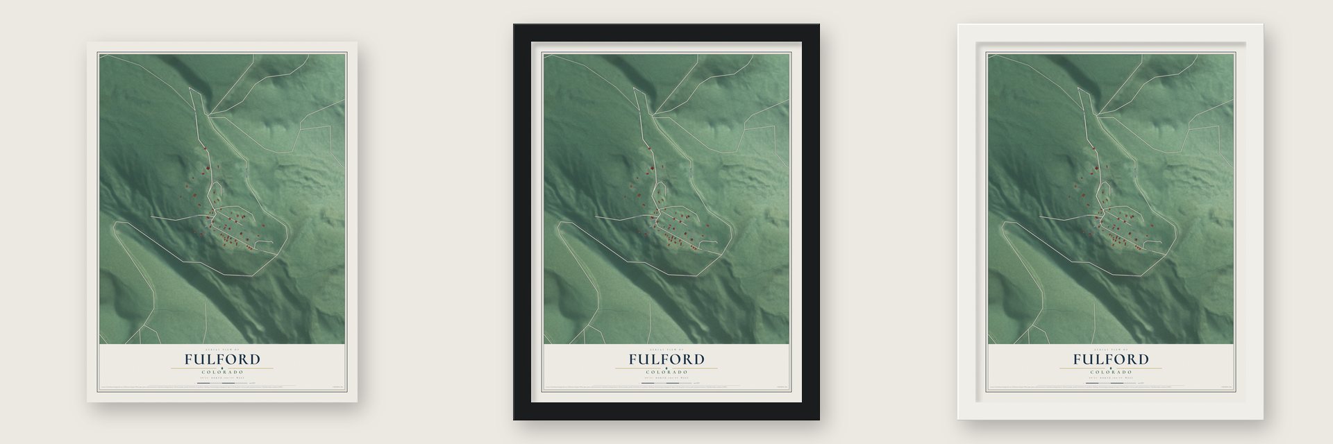 Fulford, Colorado map unframed, in a black wood frame and in a white wood frame