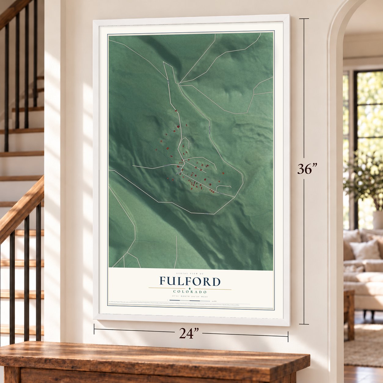 Fulford, Colorado map, 24 x 36 inch print in a white frame by a staircase