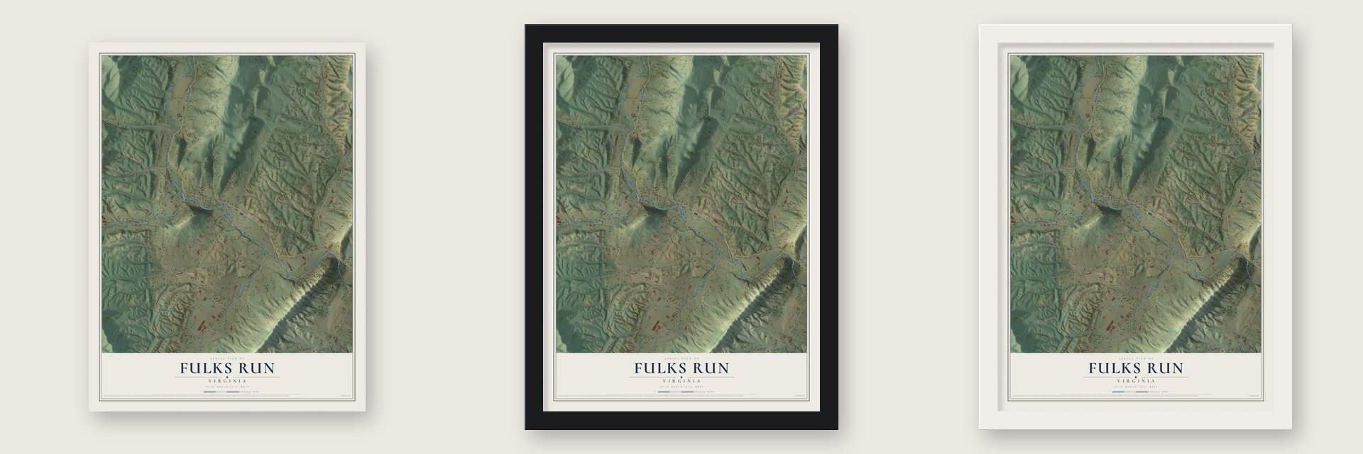 Fulks Run, Virginia map unframed, in a black wood frame and in a white wood frame