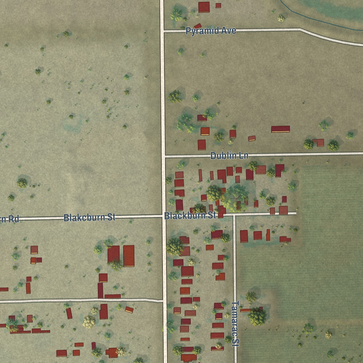 Second close-up of the map of Fuller Acres, California print showing more streets and buildings