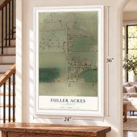 Fuller Acres, California map, 24 x 36 inch print in a white frame by a staircase