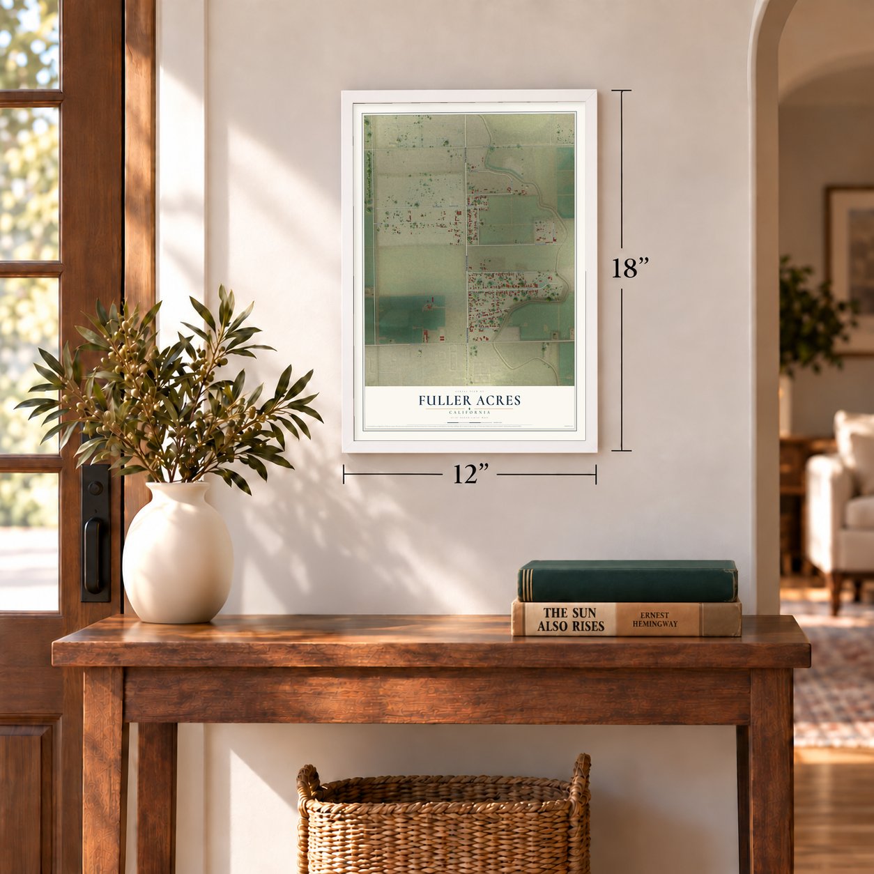 Fuller Acres, California map, 12 x 18 inch print in a white frame in an entryway