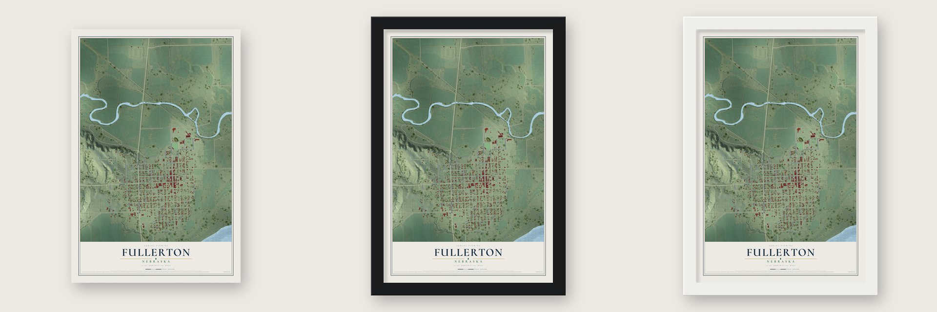 Fullerton, Nebraska map unframed, in a black wood frame and in a white wood frame