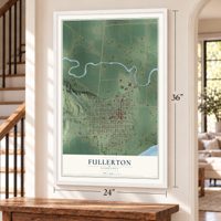 Fullerton, Nebraska map, 24 x 36 inch print in a white frame by a staircase