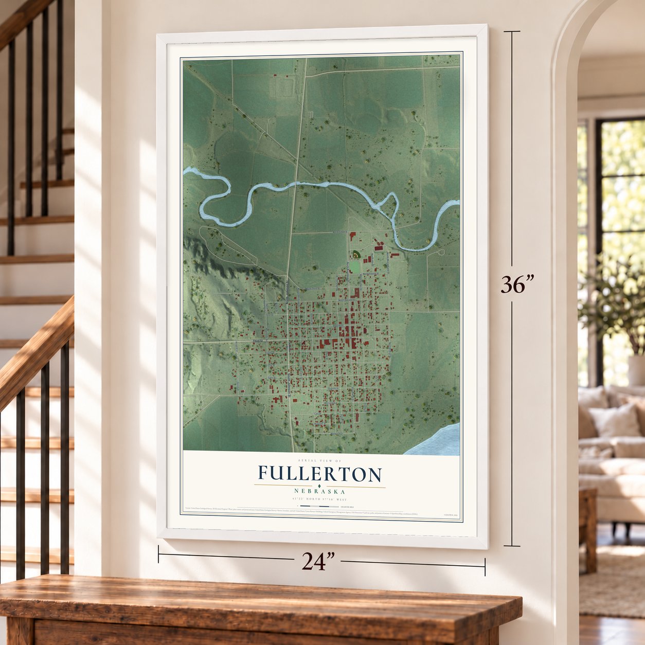 Fullerton, Nebraska map, 24 x 36 inch print in a white frame by a staircase