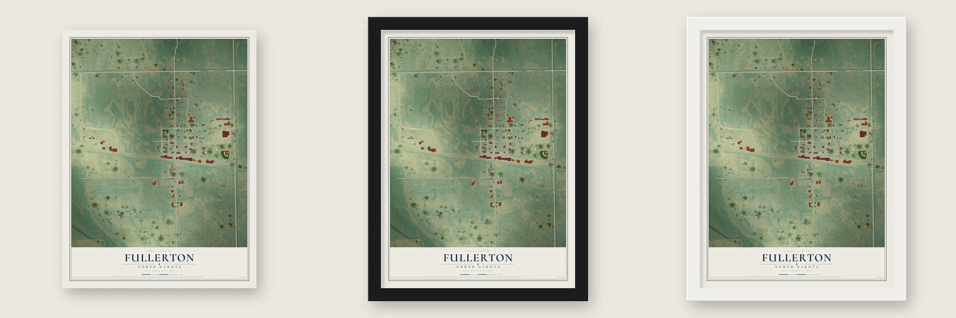 Fullerton, North Dakota map unframed, in a black wood frame and in a white wood frame
