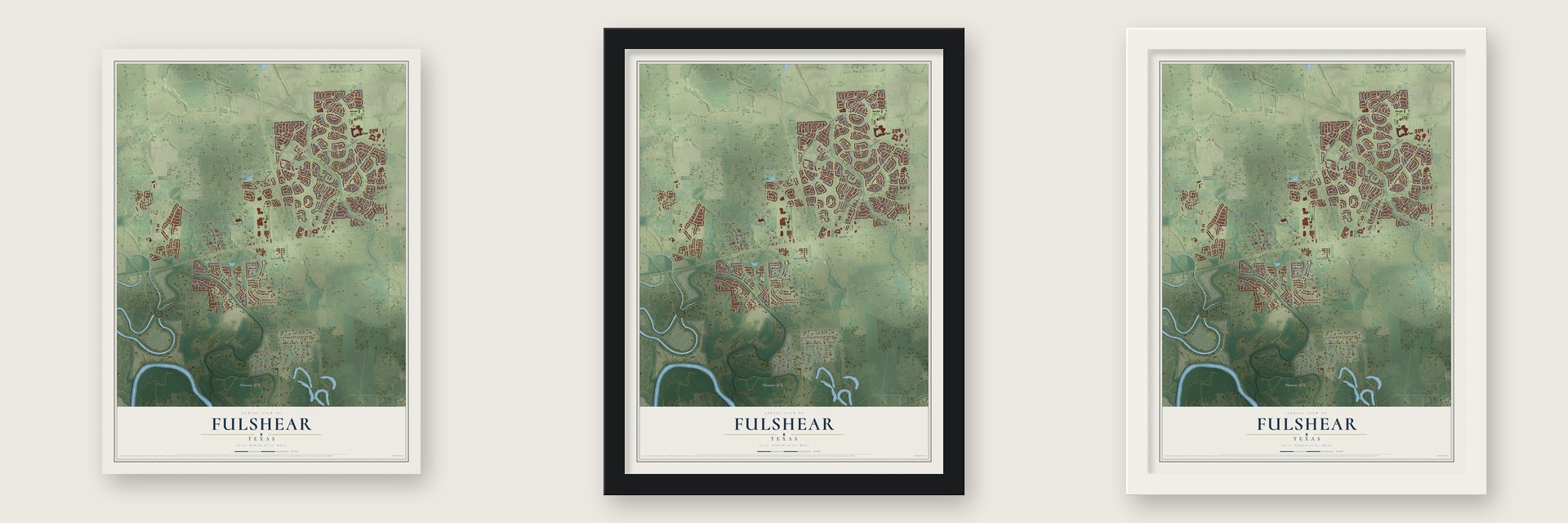 Fulshear, Texas map unframed, in a black wood frame and in a white wood frame