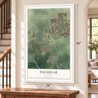 Fulshear, Texas map, 24 x 36 inch print in a white frame by a staircase