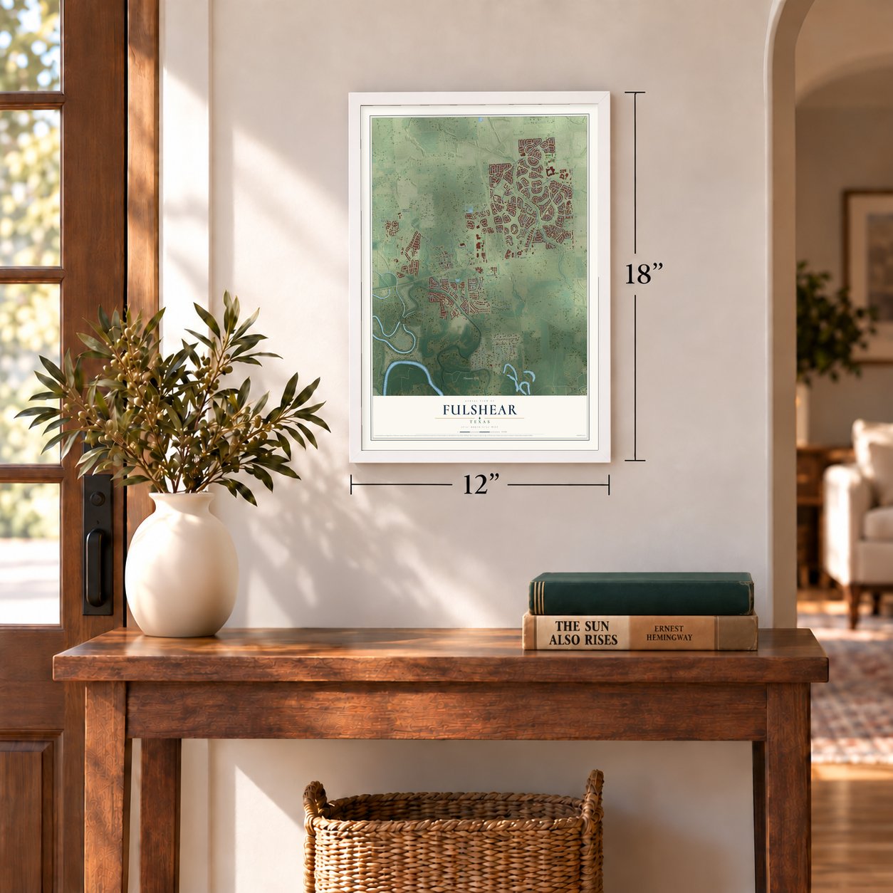 Fulshear, Texas map, 12 x 18 inch print in a white frame in an entryway