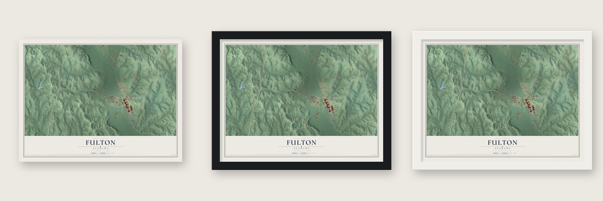 Fulton, Alabama map unframed, in a black wood frame and in a white wood frame