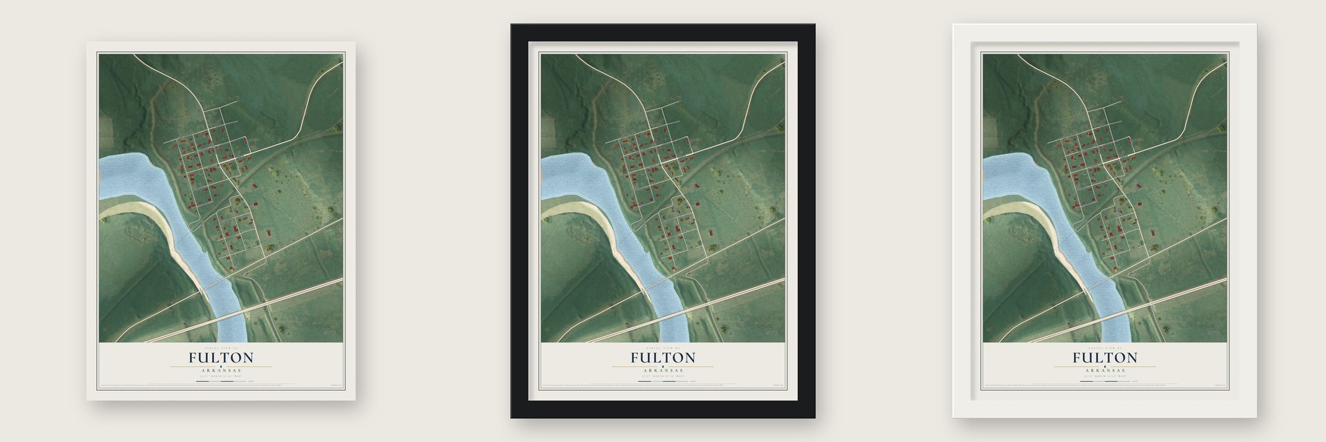 Fulton, Arkansas map unframed, in a black wood frame and in a white wood frame