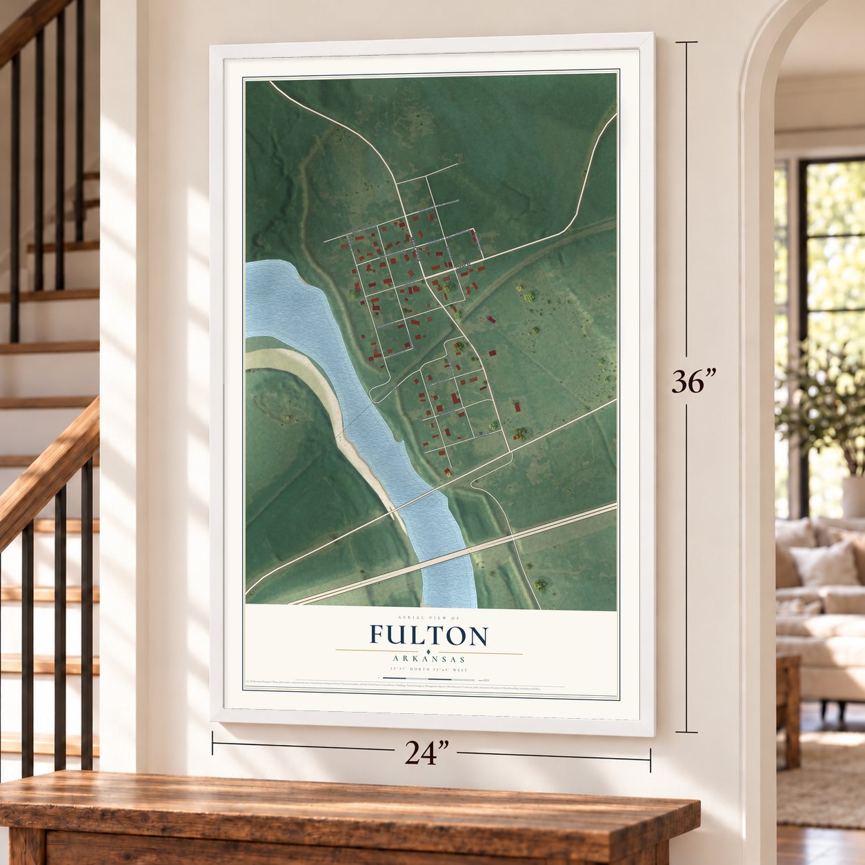 Fulton, Arkansas map, 24 x 36 inch print in a white frame by a staircase