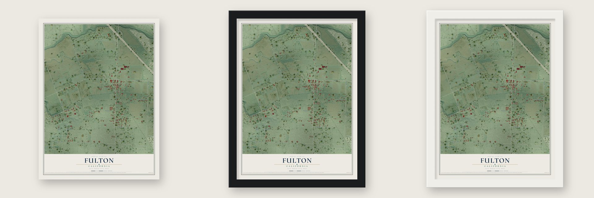 Fulton, California map unframed, in a black wood frame and in a white wood frame