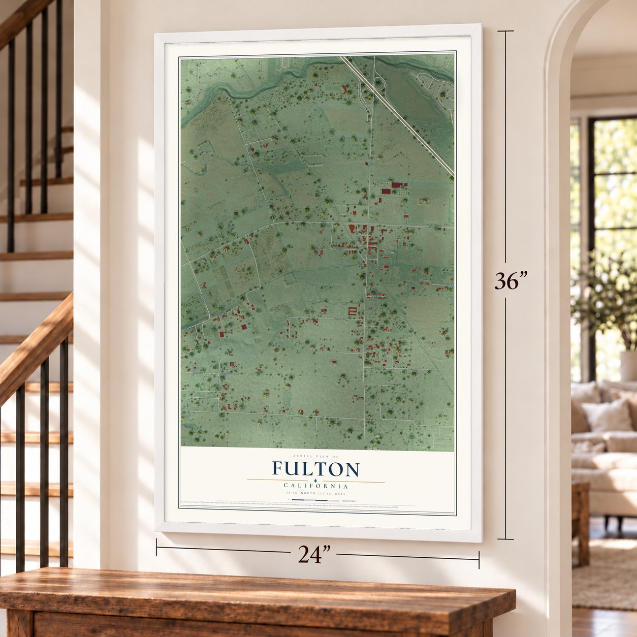 Fulton, California map, 24 x 36 inch print in a white frame by a staircase