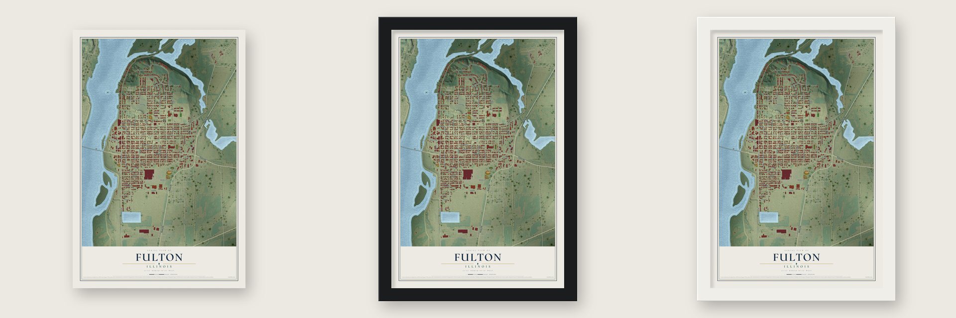 Fulton, Illinois map unframed, in a black wood frame and in a white wood frame