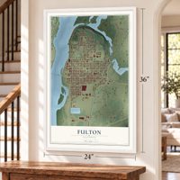 Fulton, Illinois map, 24 x 36 inch print in a white frame by a staircase