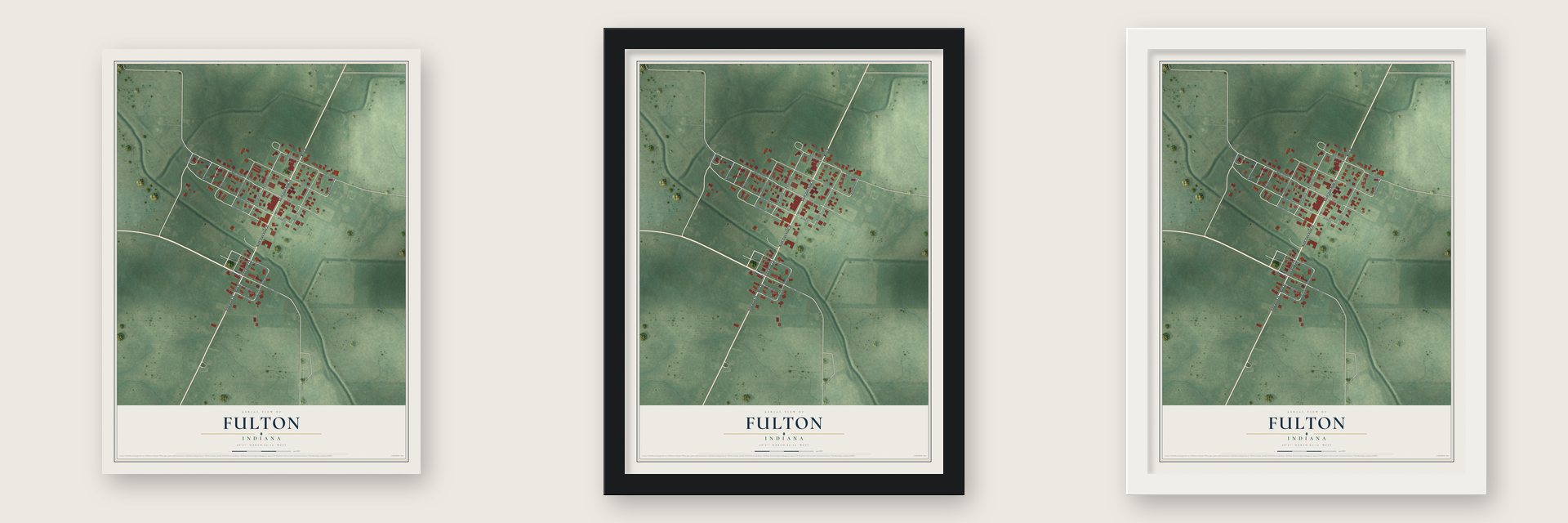 Fulton, Indiana map unframed, in a black wood frame and in a white wood frame