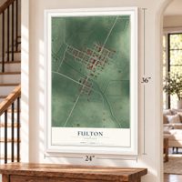 Fulton, Indiana map, 24 x 36 inch print in a white frame by a staircase