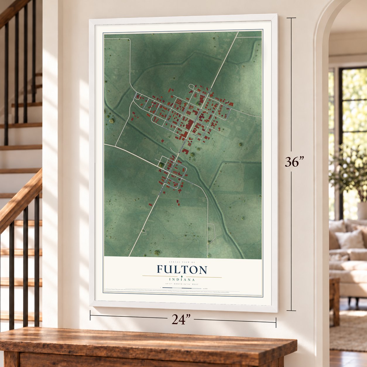 Fulton, Indiana map, 24 x 36 inch print in a white frame by a staircase