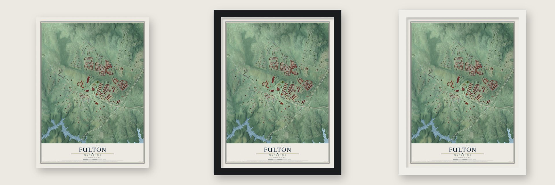 Fulton, Maryland map unframed, in a black wood frame and in a white wood frame