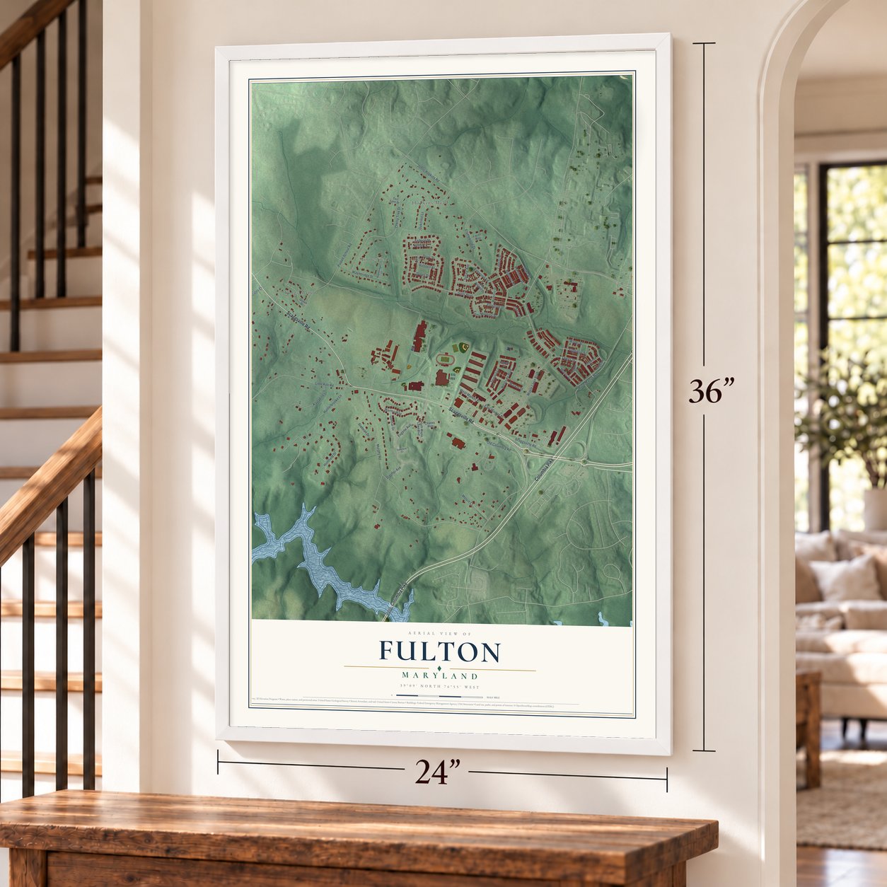Fulton, Maryland map, 24 x 36 inch print in a white frame by a staircase