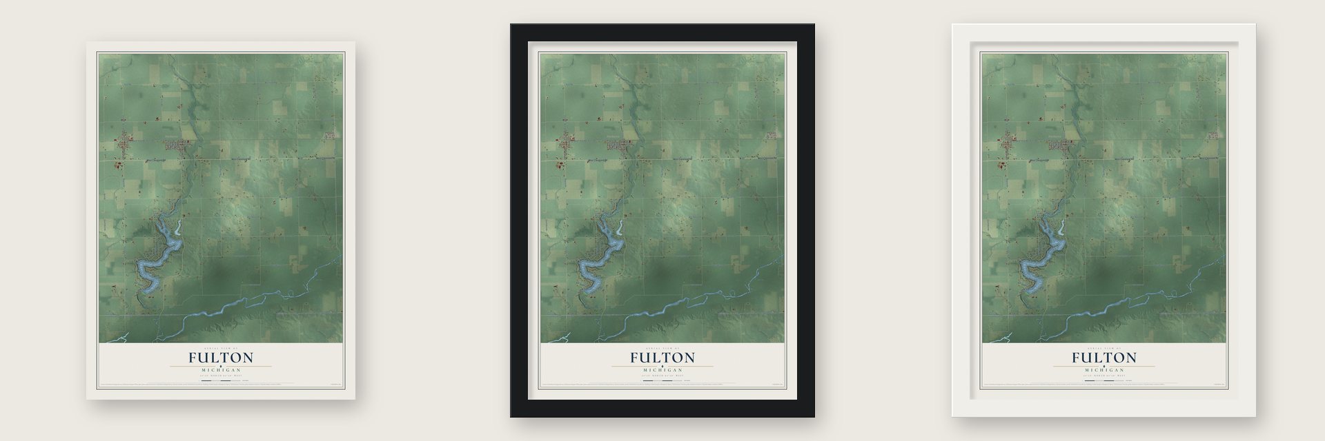 Fulton, Michigan map unframed, in a black wood frame and in a white wood frame