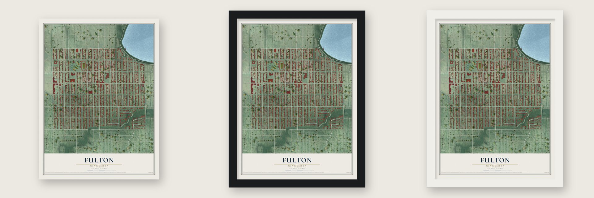 Fulton, Minnesota map unframed, in a black wood frame and in a white wood frame